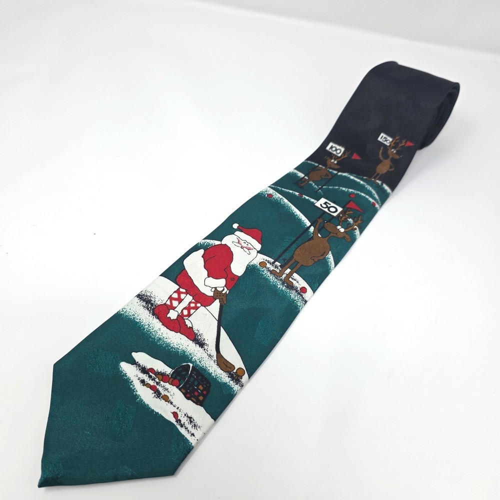 Yule Tie Greetings Happy Holidays By MMG Corp Tie Mens Blue Santa Reindeer VTG